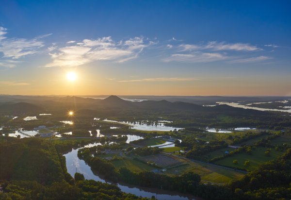 02 Sunset And Flood Waters Around Pinnacle Mountain - Professional Arkansas Aerial Photography photography by Paul Caldwell